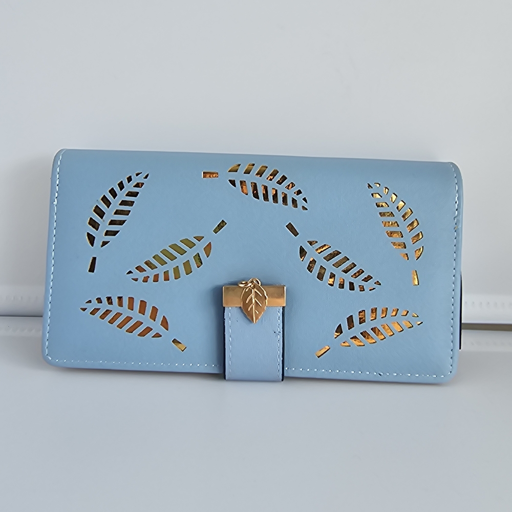 Envelope Wallet Blue with Cutout Gold Leaves Floral Bills Coins